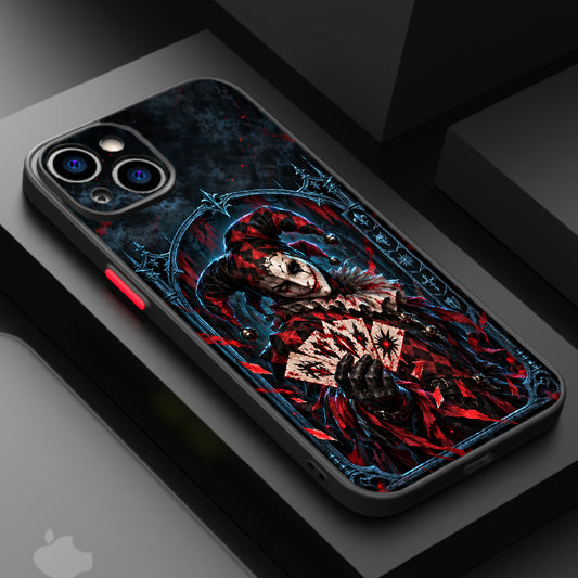 A jester in a dark, gothic setting, holding a fan of cracked cards, with red and black tones and a menacing mood.