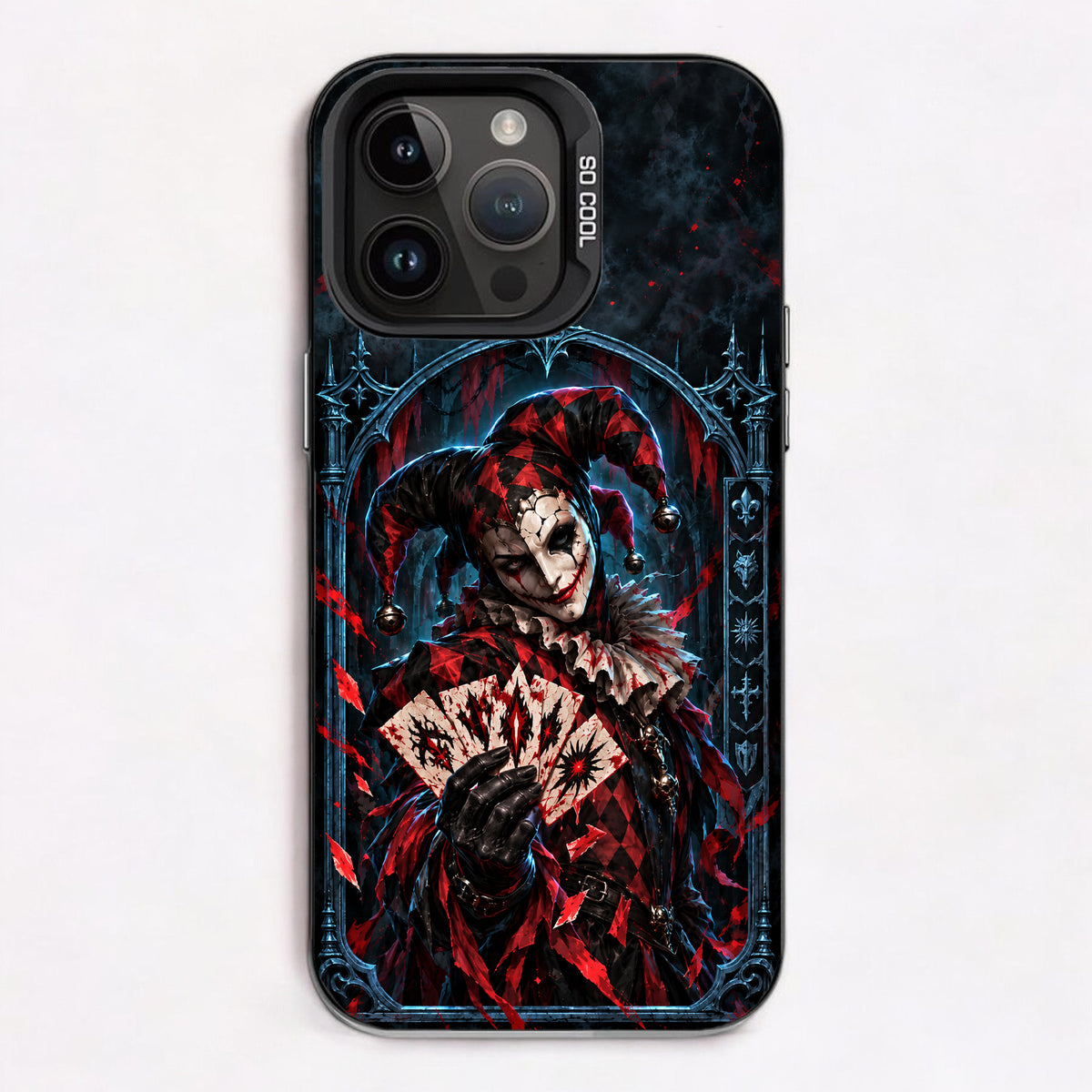 A jester in a dark, gothic setting, holding a fan of cracked cards, with red and black tones and a menacing mood.
