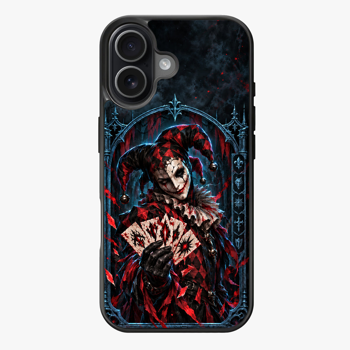 A jester in a dark, gothic setting, holding a fan of cracked cards, with red and black tones and a menacing mood.