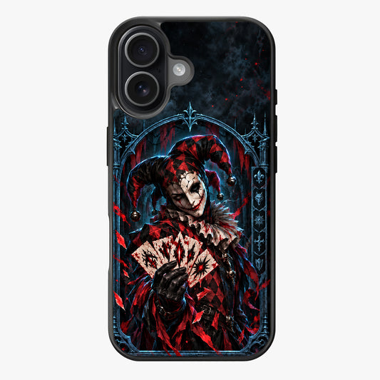 A jester in a dark, gothic setting, holding a fan of cracked cards, with red and black tones and a menacing mood.