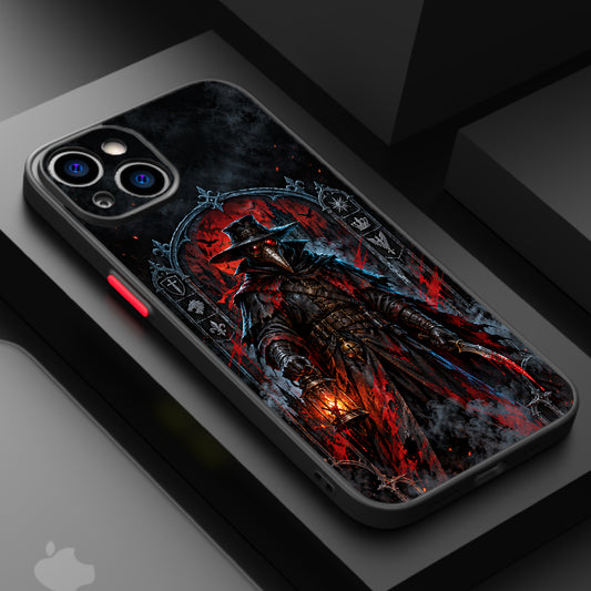 A plague doctor in a dark, gothic setting with a red moon and dramatic red and black color scheme.