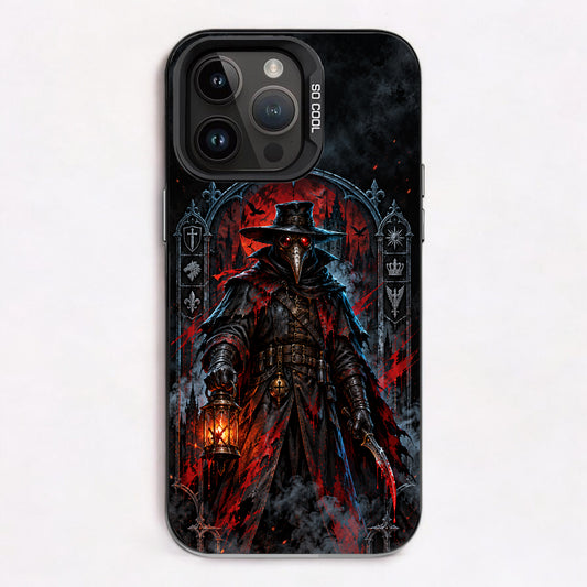 A plague doctor in a dark, gothic setting with a red moon and dramatic red and black color scheme.