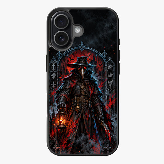 A plague doctor in a dark, gothic setting with a red moon and dramatic red and black color scheme.