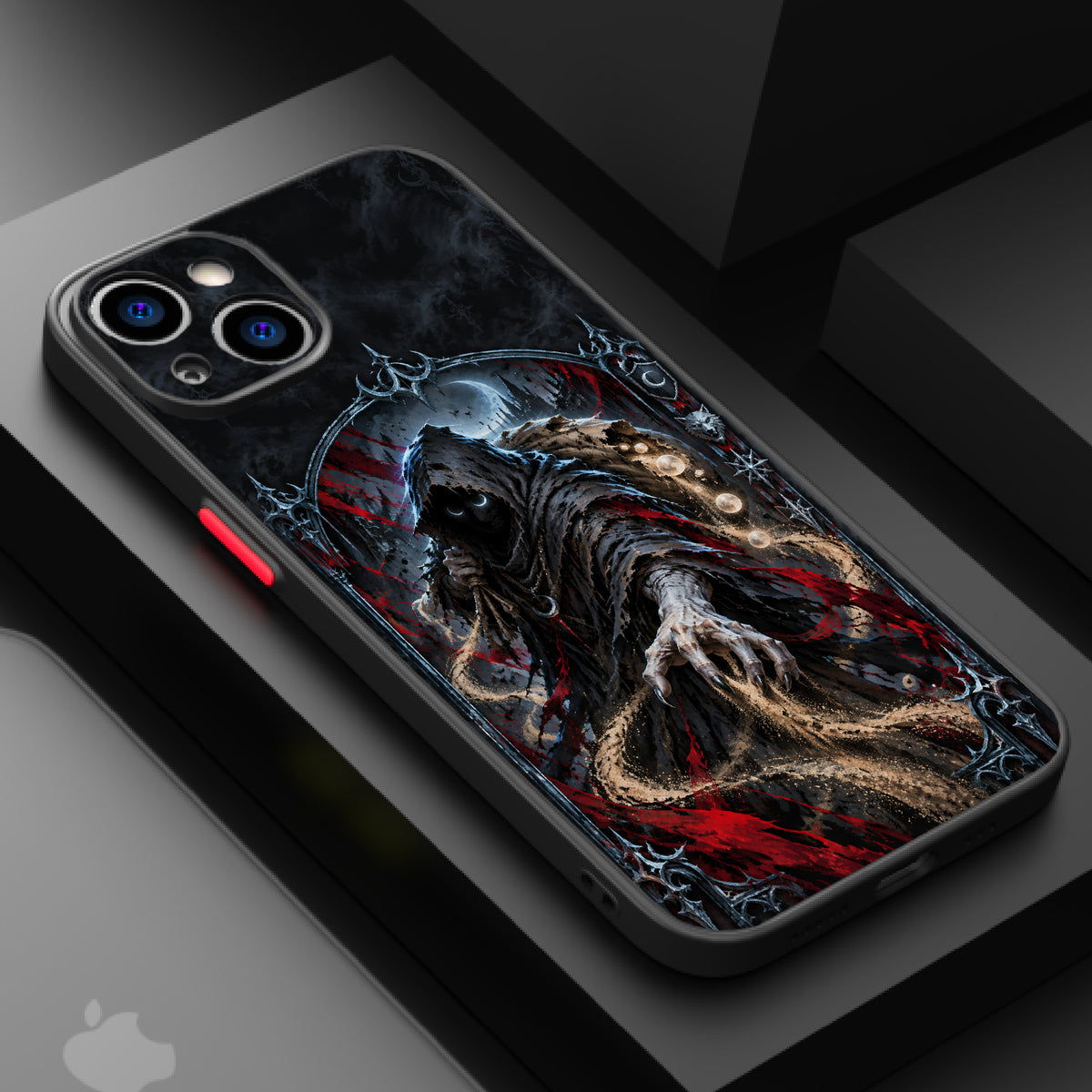 Gothic grim reaper figure with blood-red accents and a crescent moon in a dark, gothic archway.