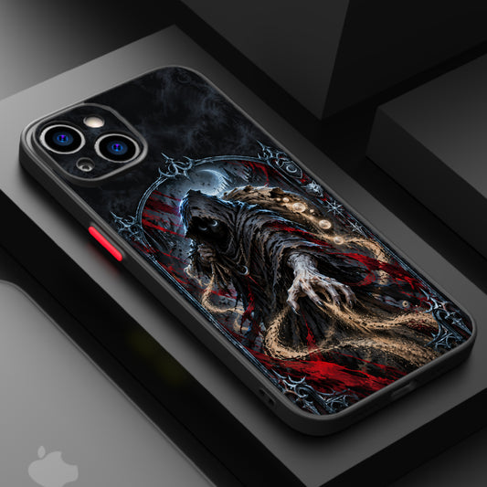Gothic grim reaper figure with blood-red accents and a crescent moon in a dark, gothic archway.