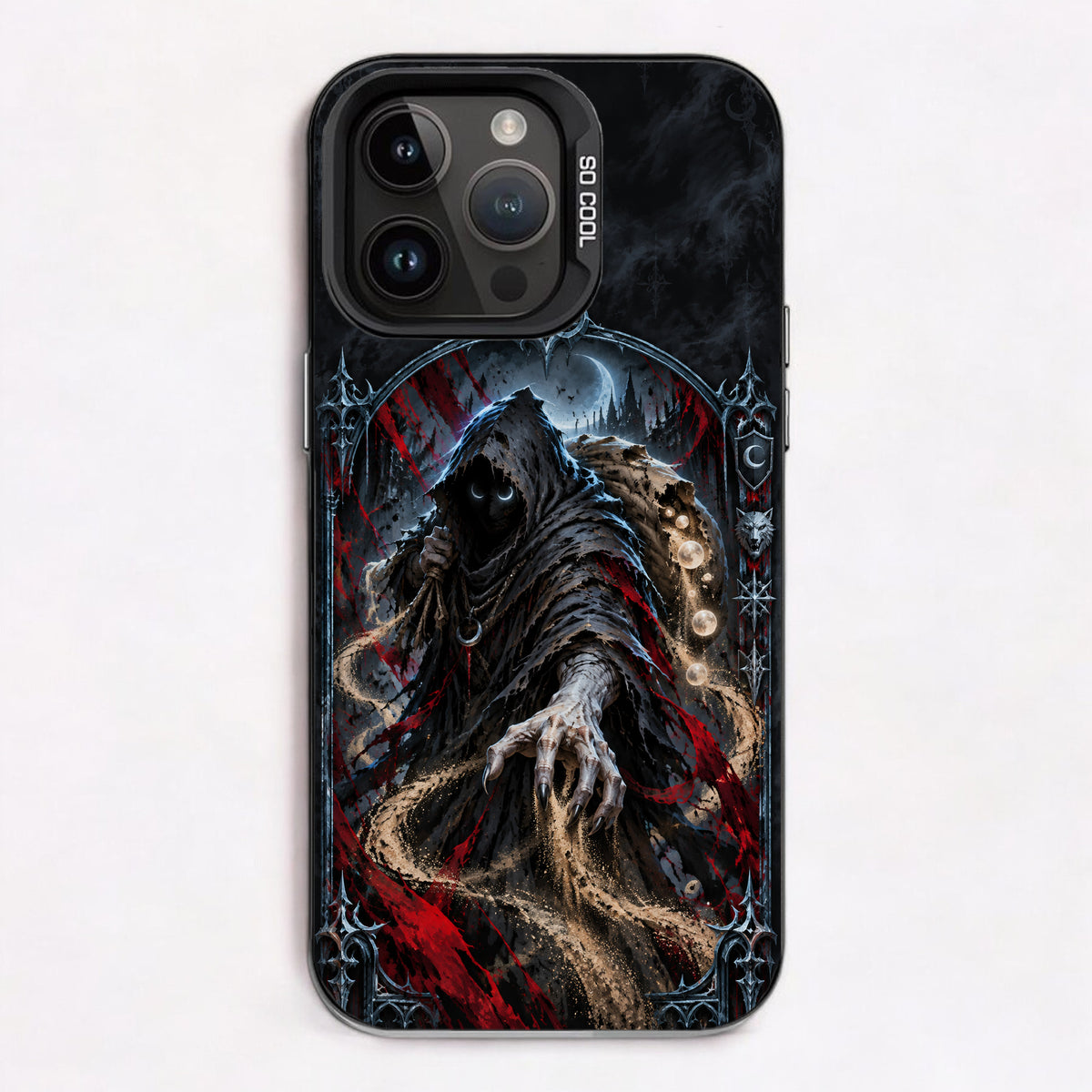 Gothic grim reaper figure with blood-red accents and a crescent moon in a dark, gothic archway.
