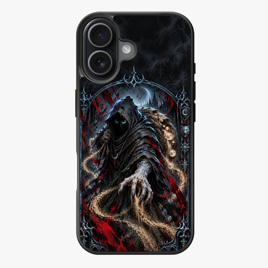 Gothic grim reaper figure with blood-red accents and a crescent moon in a dark, gothic archway.