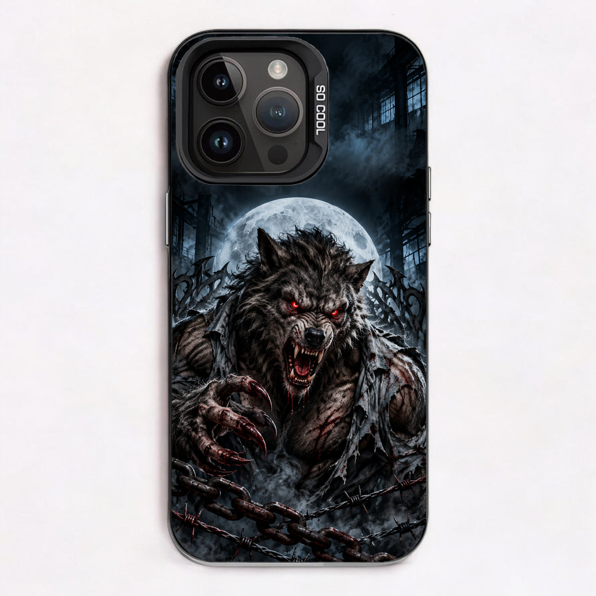 A werewolf with glowing red eyes and bloodied claws, set against an industrial moonlit scene with smoke and barbed wire.
