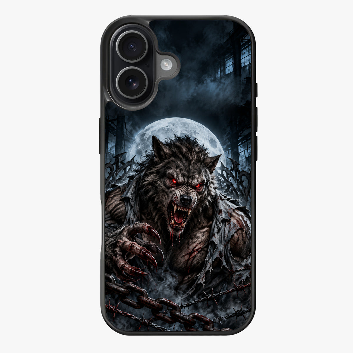A werewolf with glowing red eyes and bloodied claws, set against an industrial moonlit scene with smoke and barbed wire.