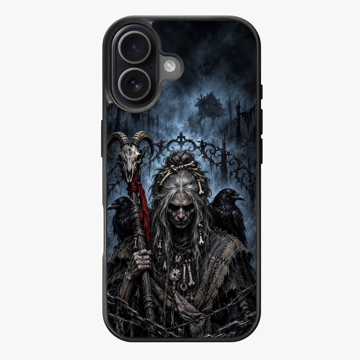 A witch with long, gray hair, a skull staff, and raven companions in a dark, gothic setting.