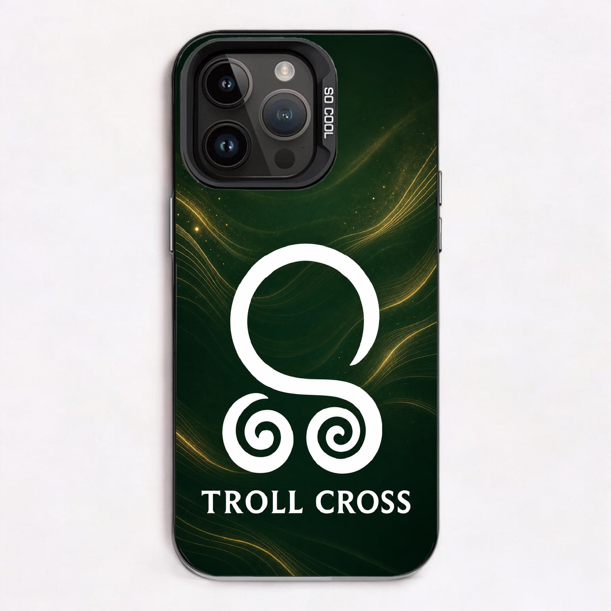 White troll cross symbol over dark green background with golden swirls. Protection form misfortune theme.