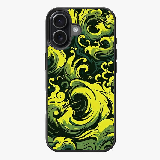 Swirling green and yellow waves on a black background