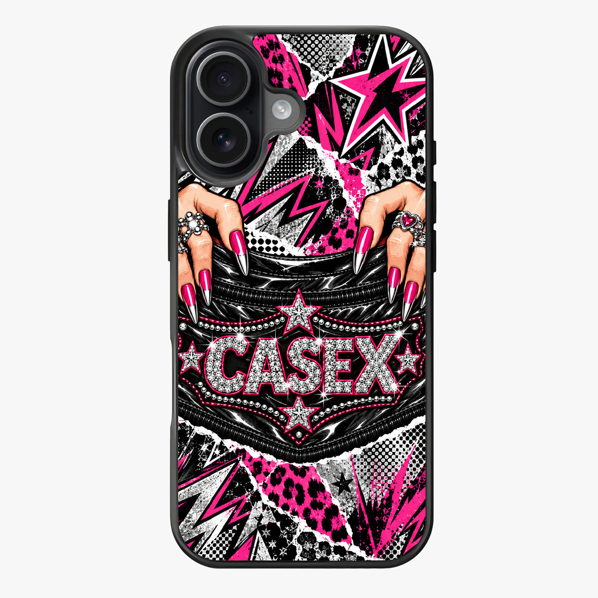 Uptown Riot: bold pink and black patterns with stars, lightning bolts, and sparkling details.