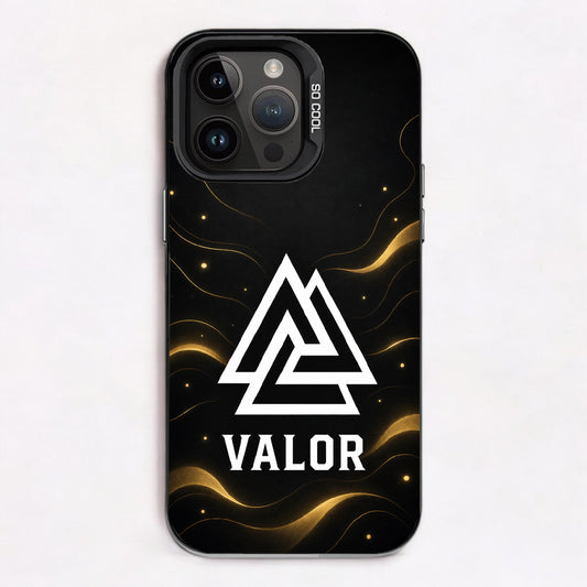Dark background with golden swirls, dots, and the Valknut symbol with 'VALOR' text.