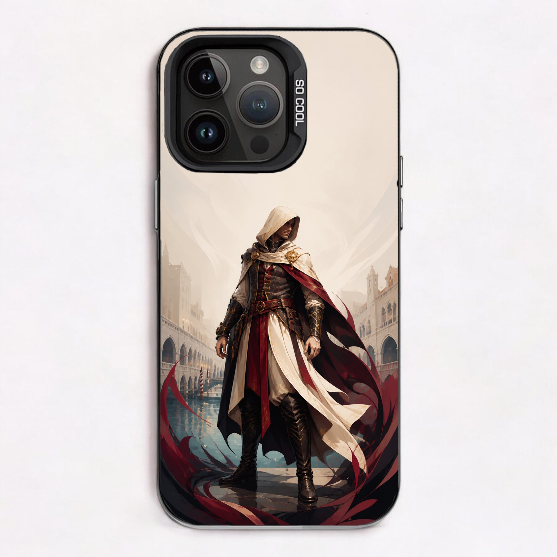 A hooded figure in flowing red and white cloaks standing on Venetian architecture with misty background.