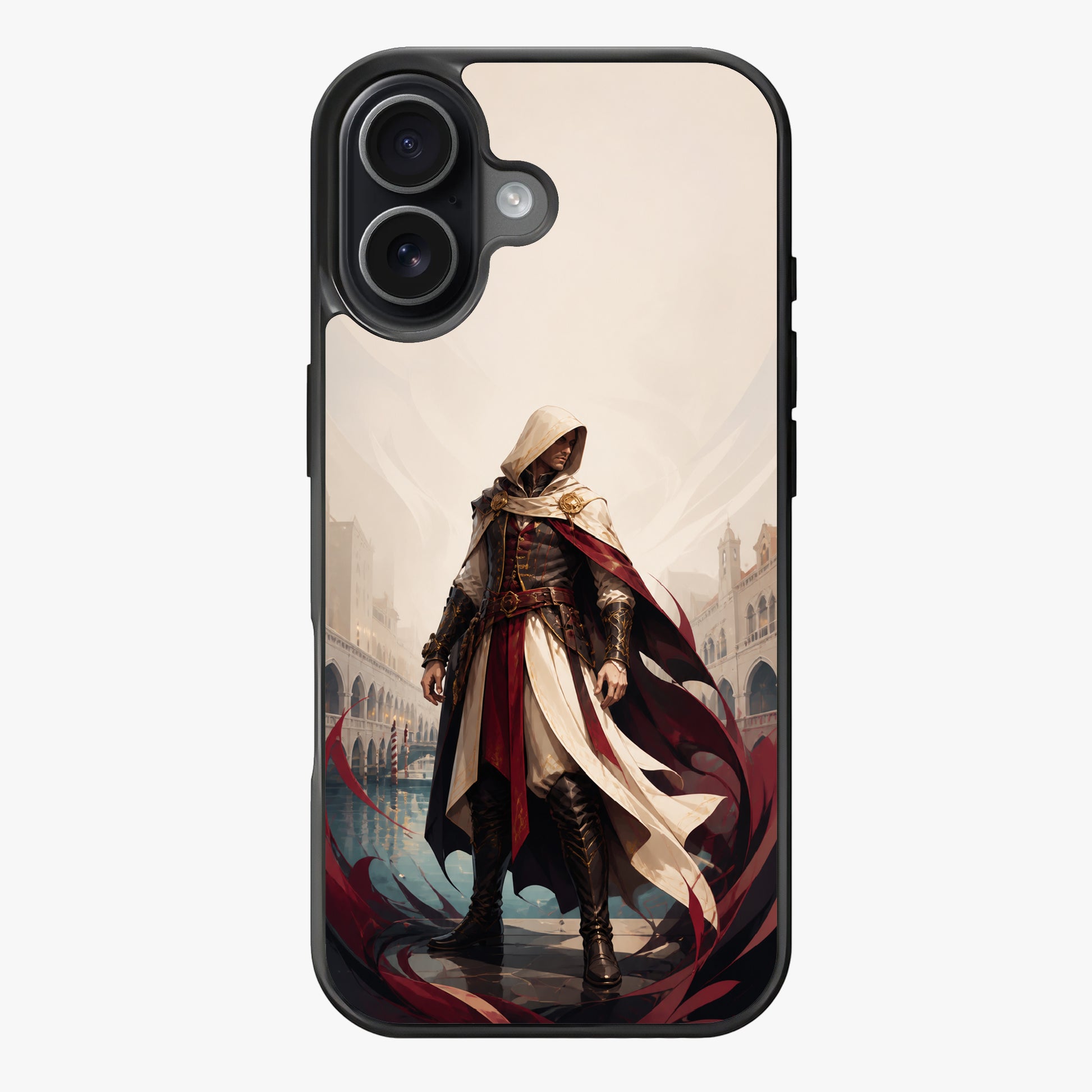 A hooded figure in flowing red and white cloaks standing on Venetian architecture with misty background.