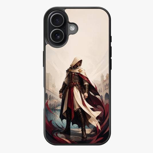 A hooded figure in flowing red and white cloaks standing on Venetian architecture with misty background.