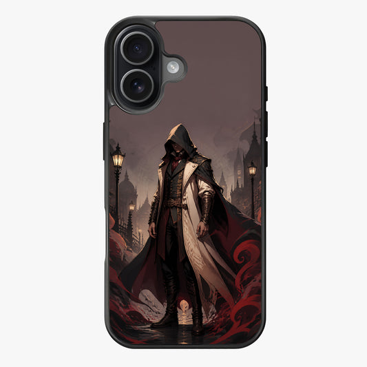 Dramatic illustration of a hooded figure in a dark, gothic cityscape with red and black color scheme.