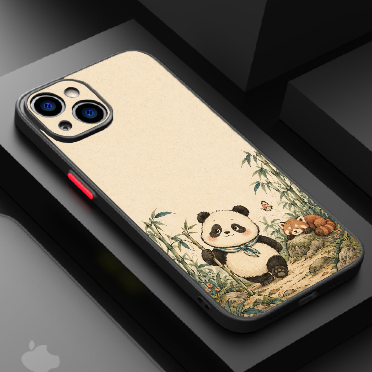 A panda holding a bamboo stick and a red panda resting on a rock amidst bamboo and flowers in a serene, vintage setting.