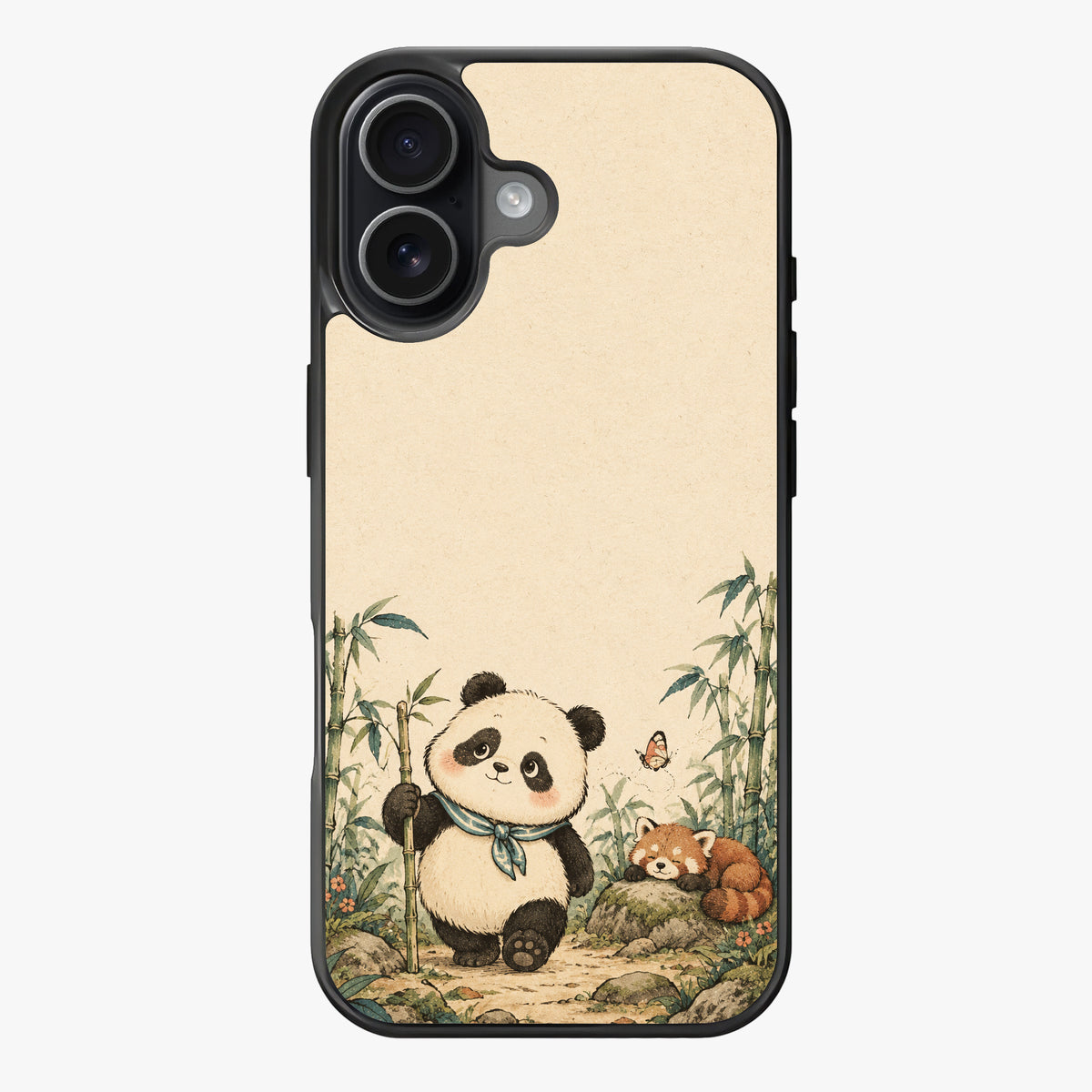 A panda holding a bamboo stick and a red panda resting on a rock amidst bamboo and flowers in a serene, vintage setting.