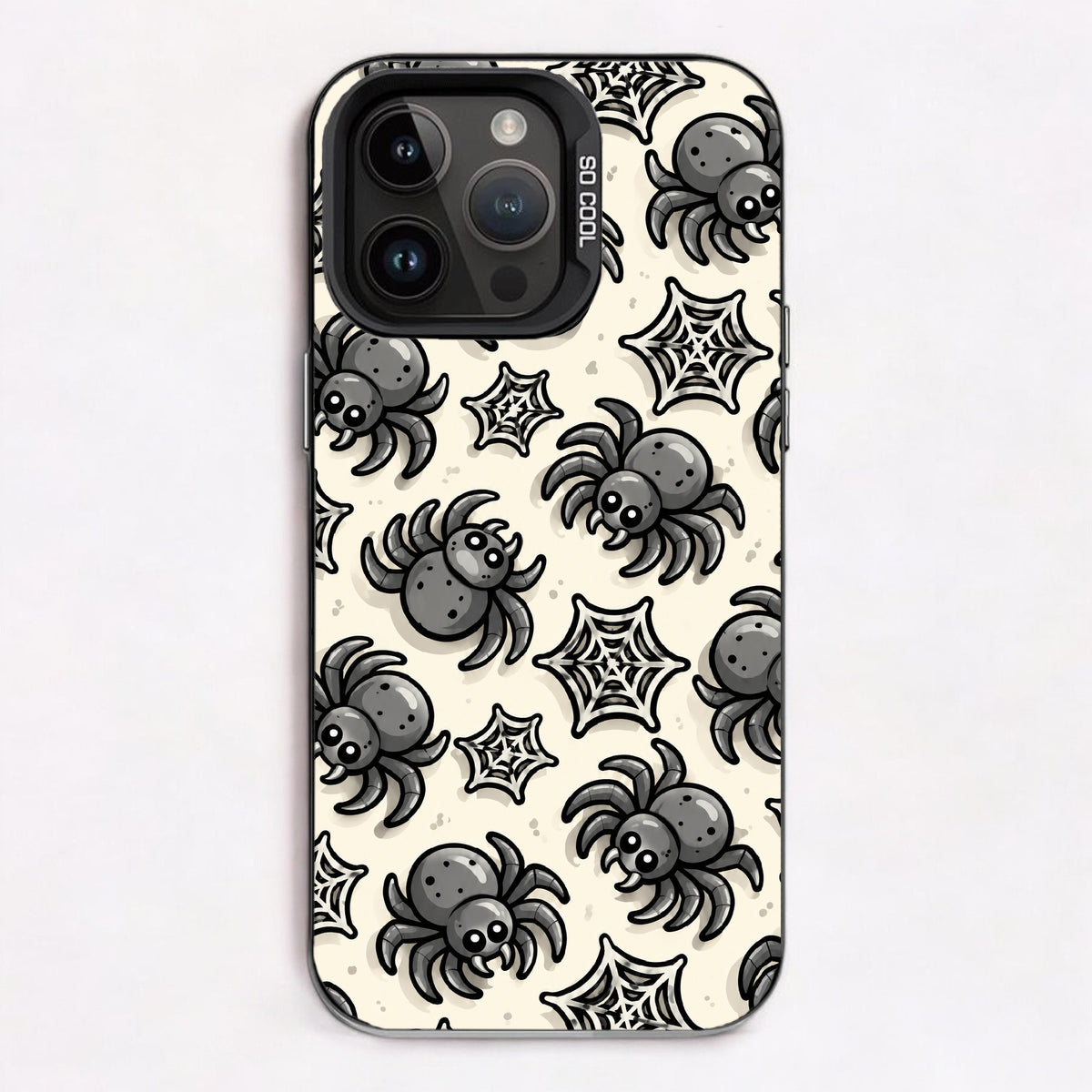 Cartoon spiders and spider webs on a bone-white background, designed for a playful and spooky aesthetic.