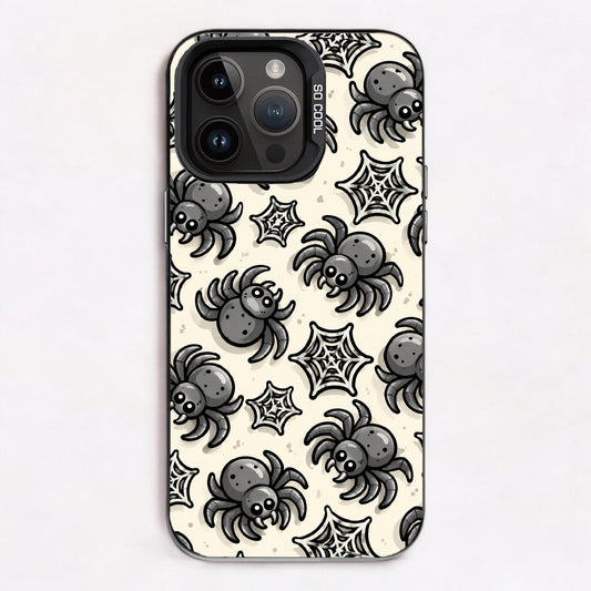 Cartoon spiders and spider webs on a bone-white background, designed for a playful and spooky aesthetic.