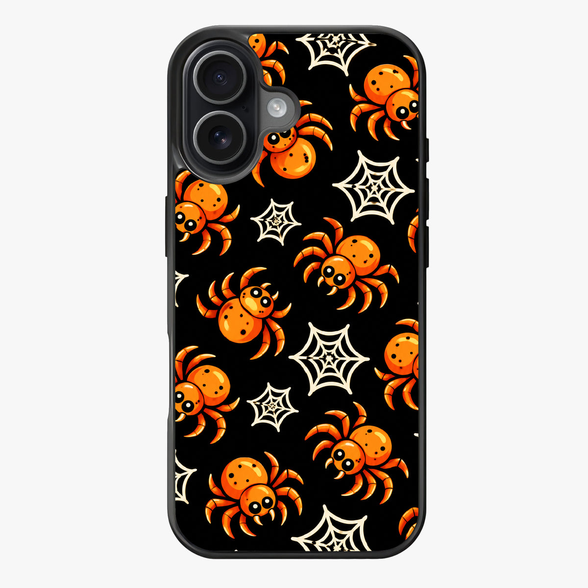 A black background with orange spiders and white spider webs, creating a spooky and playful Halloween theme.