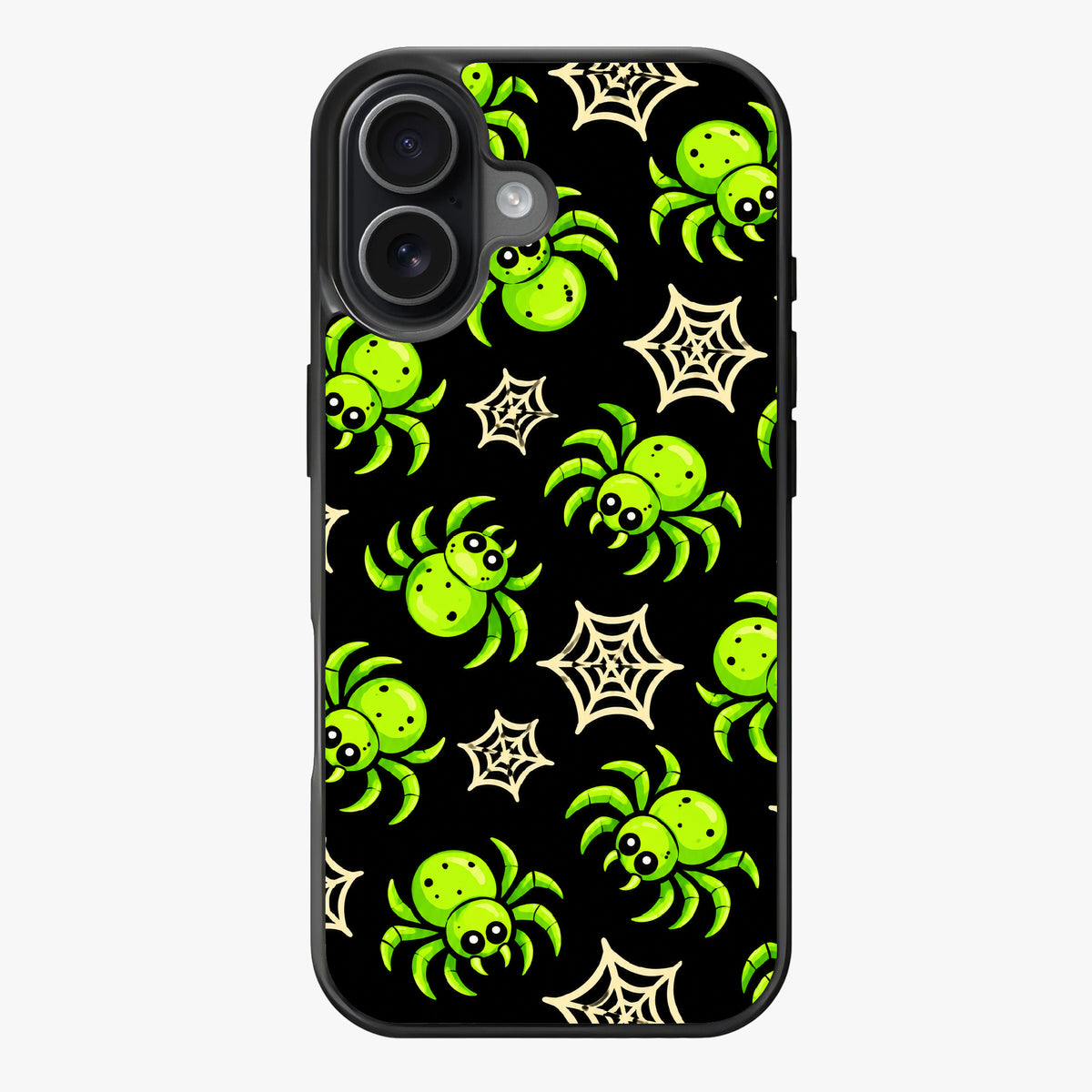 A black background with glowing green spiders and spider webs in a playful, cartoonish style.