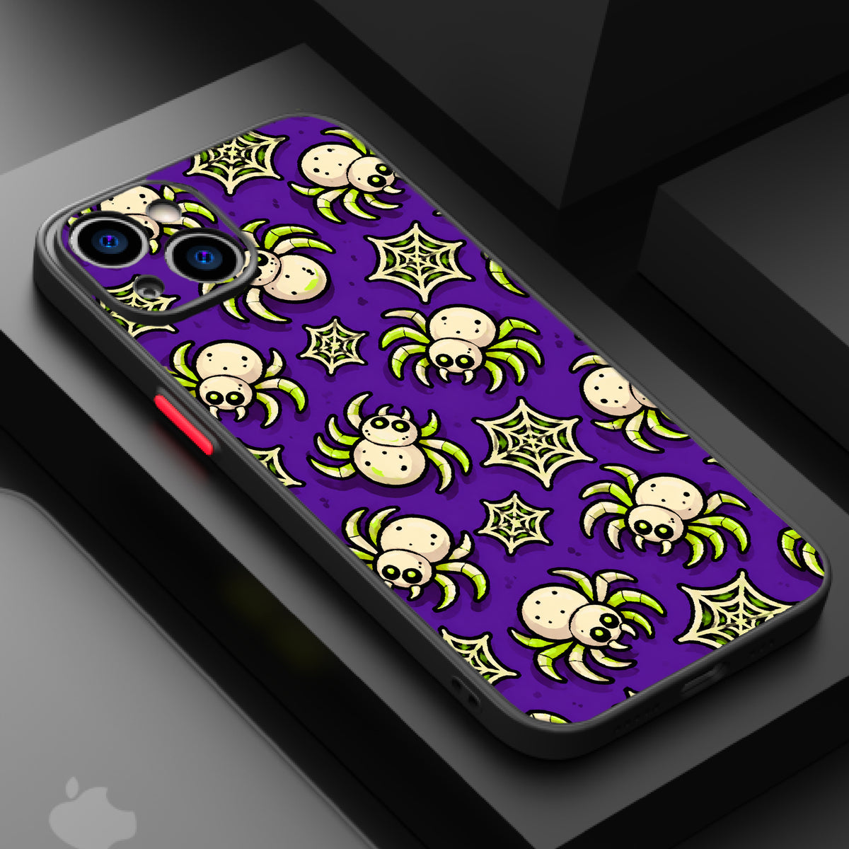 Cartoon spiders and spider webs in green and white on a purple background.