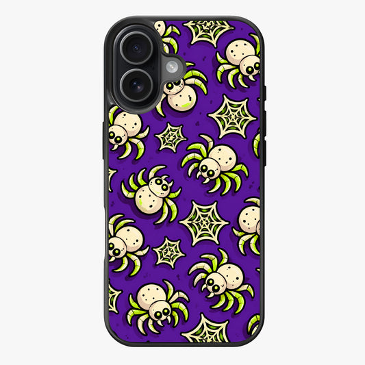Cartoon spiders and spider webs in green and white on a purple background.