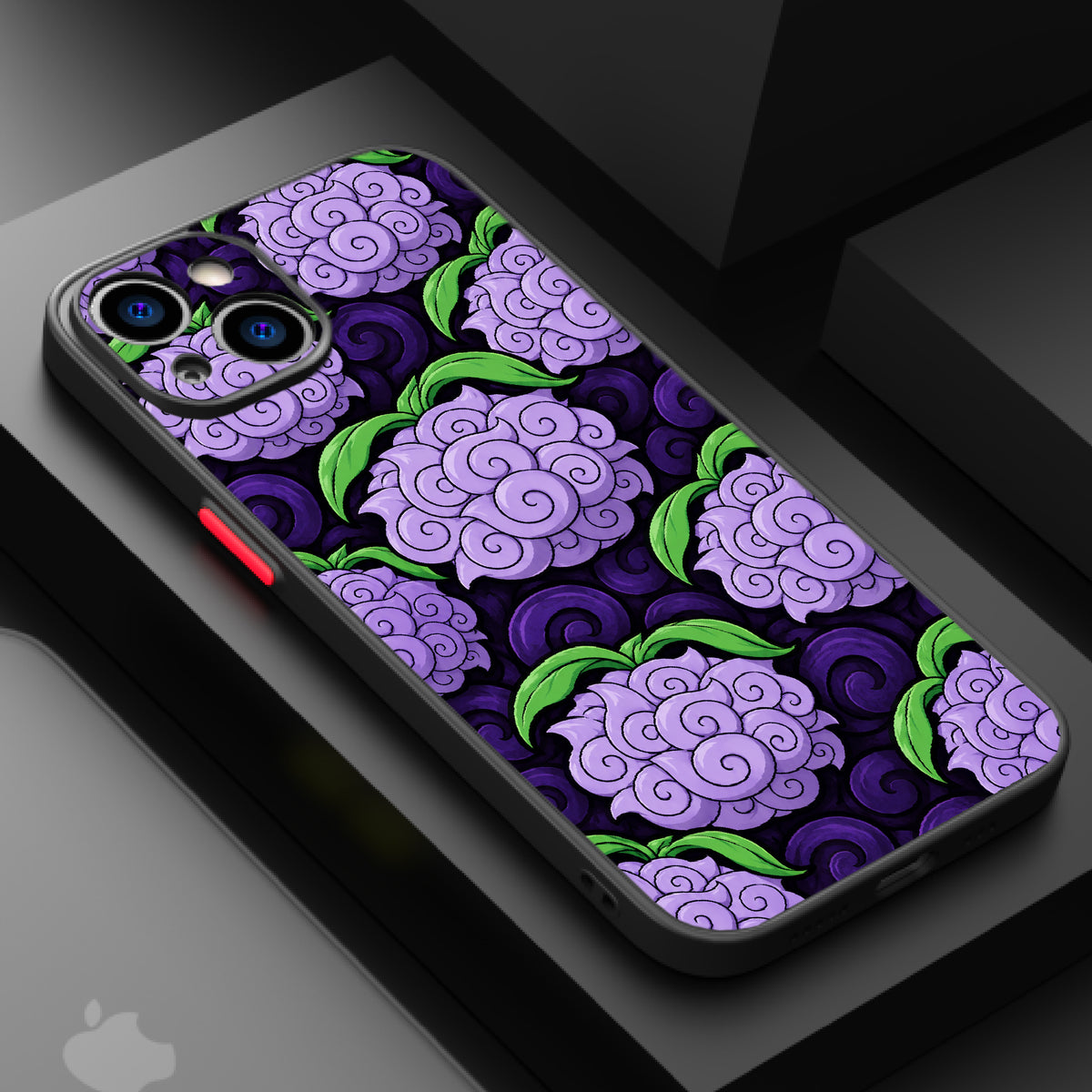 Repeating pattern of stylized purple flowers with green leaves on a dark purple background.