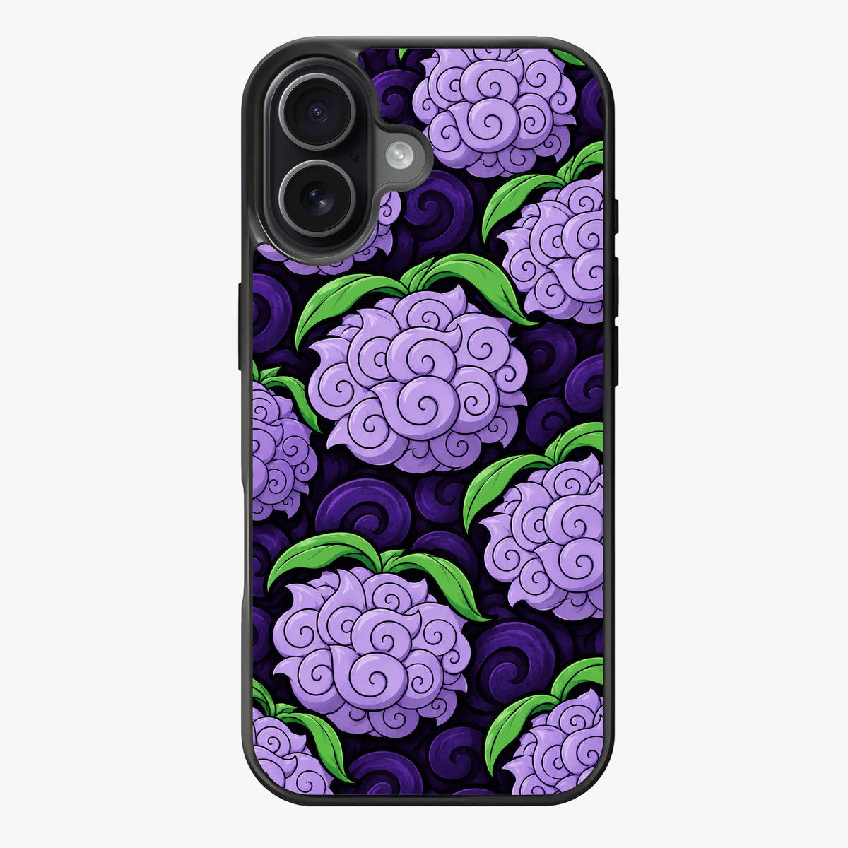 Repeating pattern of stylized purple flowers with green leaves on a dark purple background.