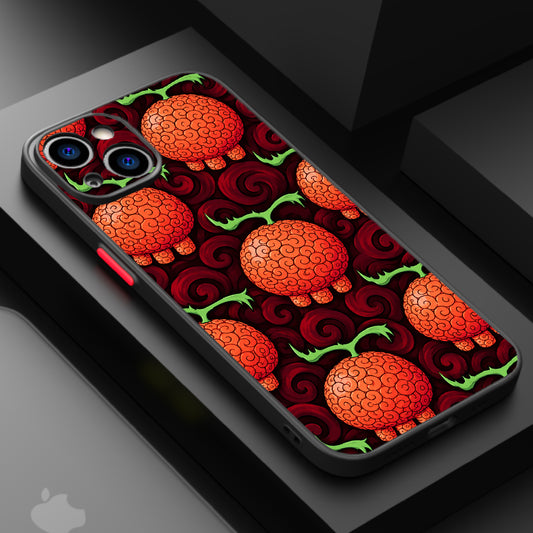 Repeating pattern of orange brain-like objects with green stems on a dark red, swirling background.