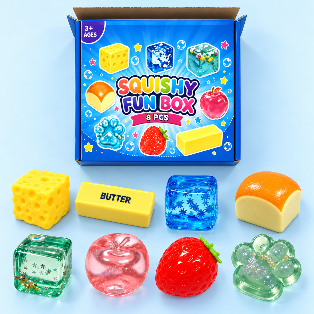 Eight Squishy Fun Box toys arranged beside the open blue package