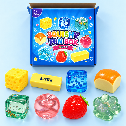 Eight Squishy Fun Box toys arranged beside the open blue package