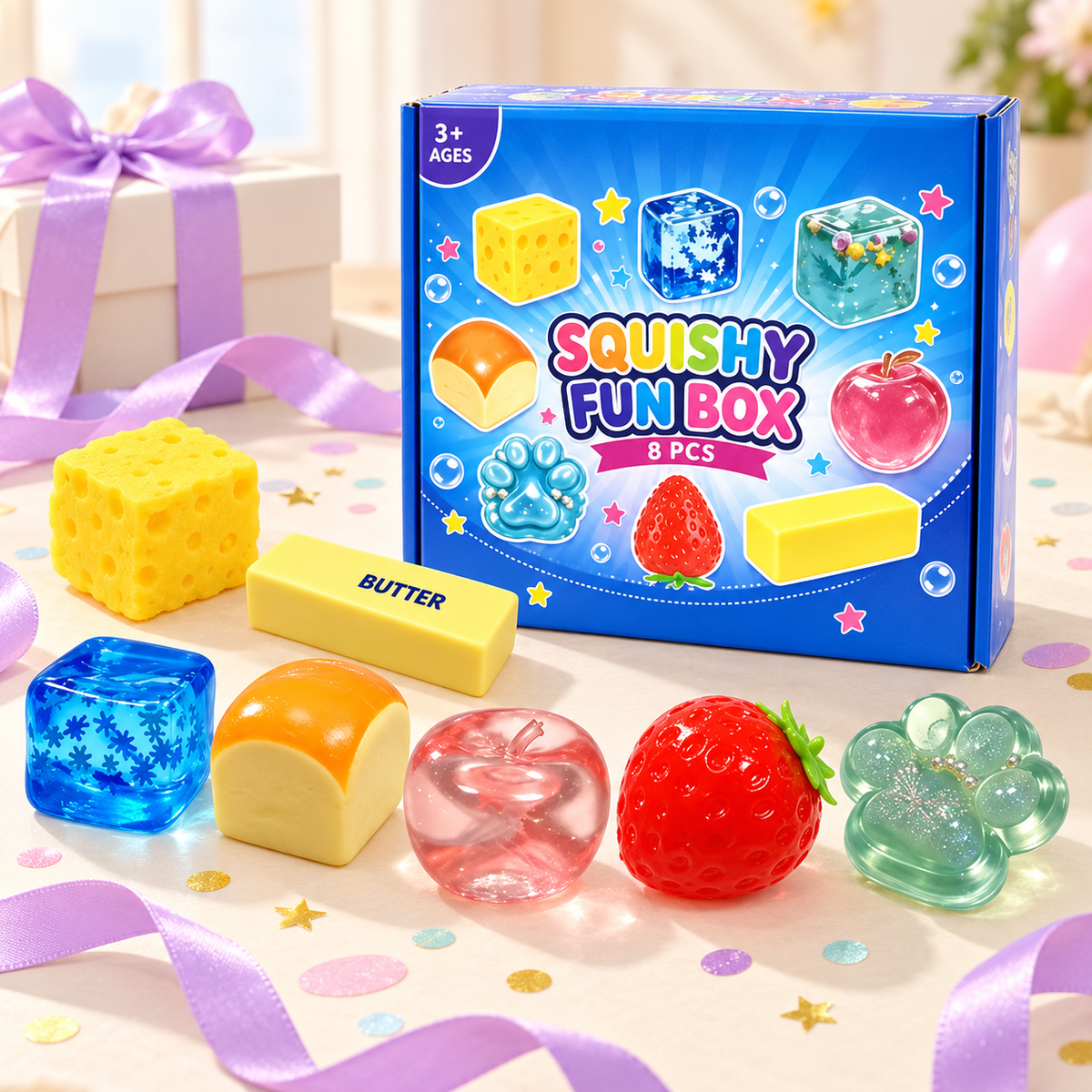 Squishy Fun Box presented as a gift with all eight toys