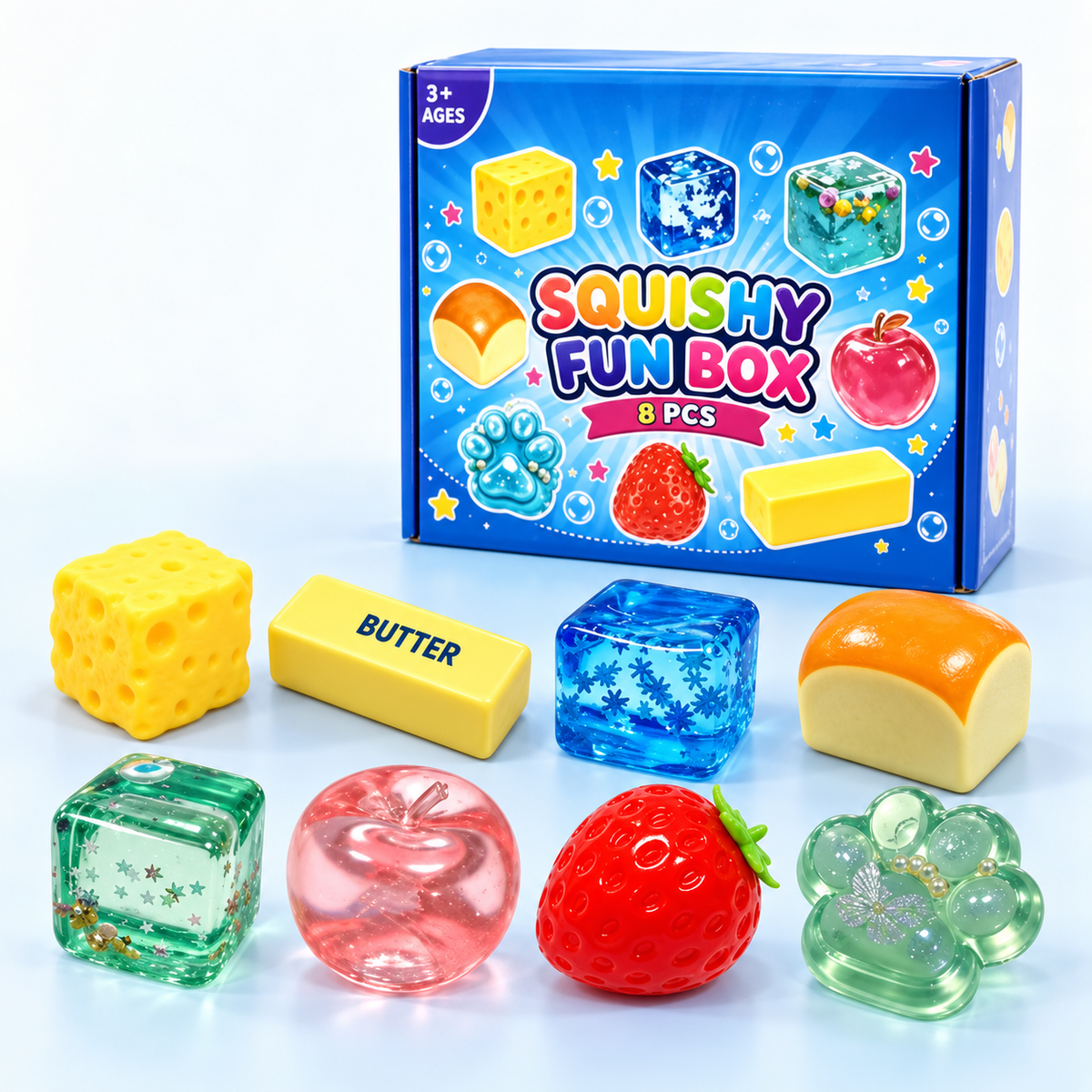 Squishy Fun Box with the complete eight-piece sensory toy set