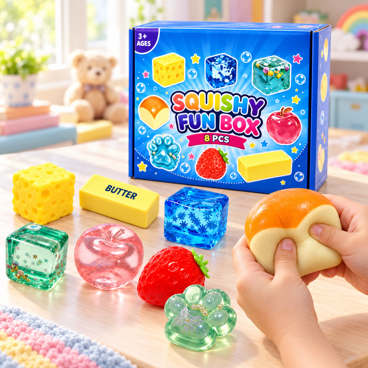 Hands squeezing the bread-shaped toy from the Squishy Fun Box