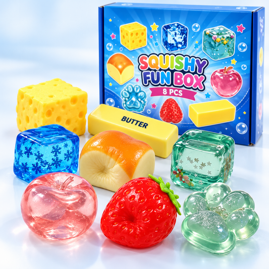 Close-up of the eight Squishy Fun Box sensory toy textures
