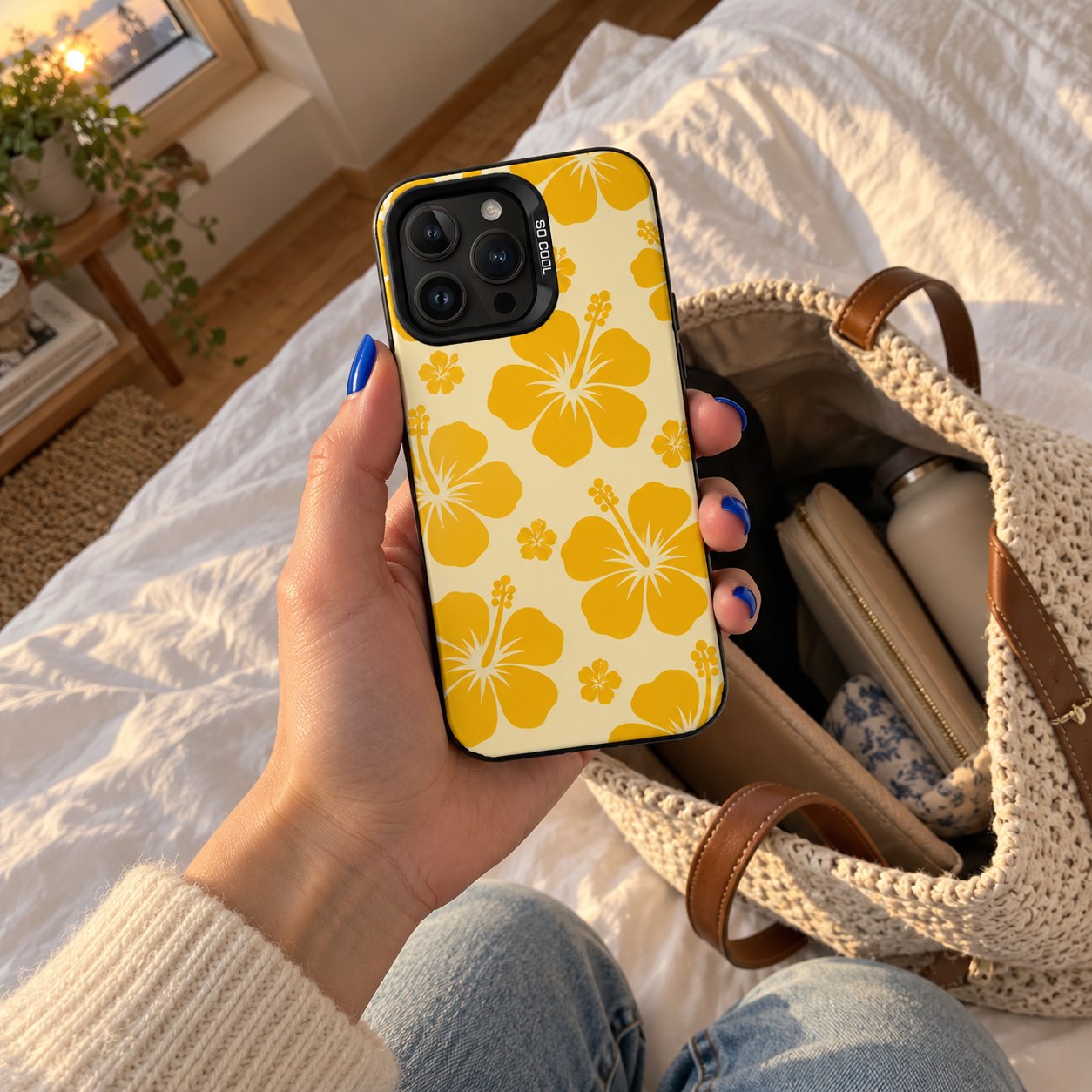 Island Pop Lux Cool lifestyle concept 3 — hibiscus case in an everyday setting.
