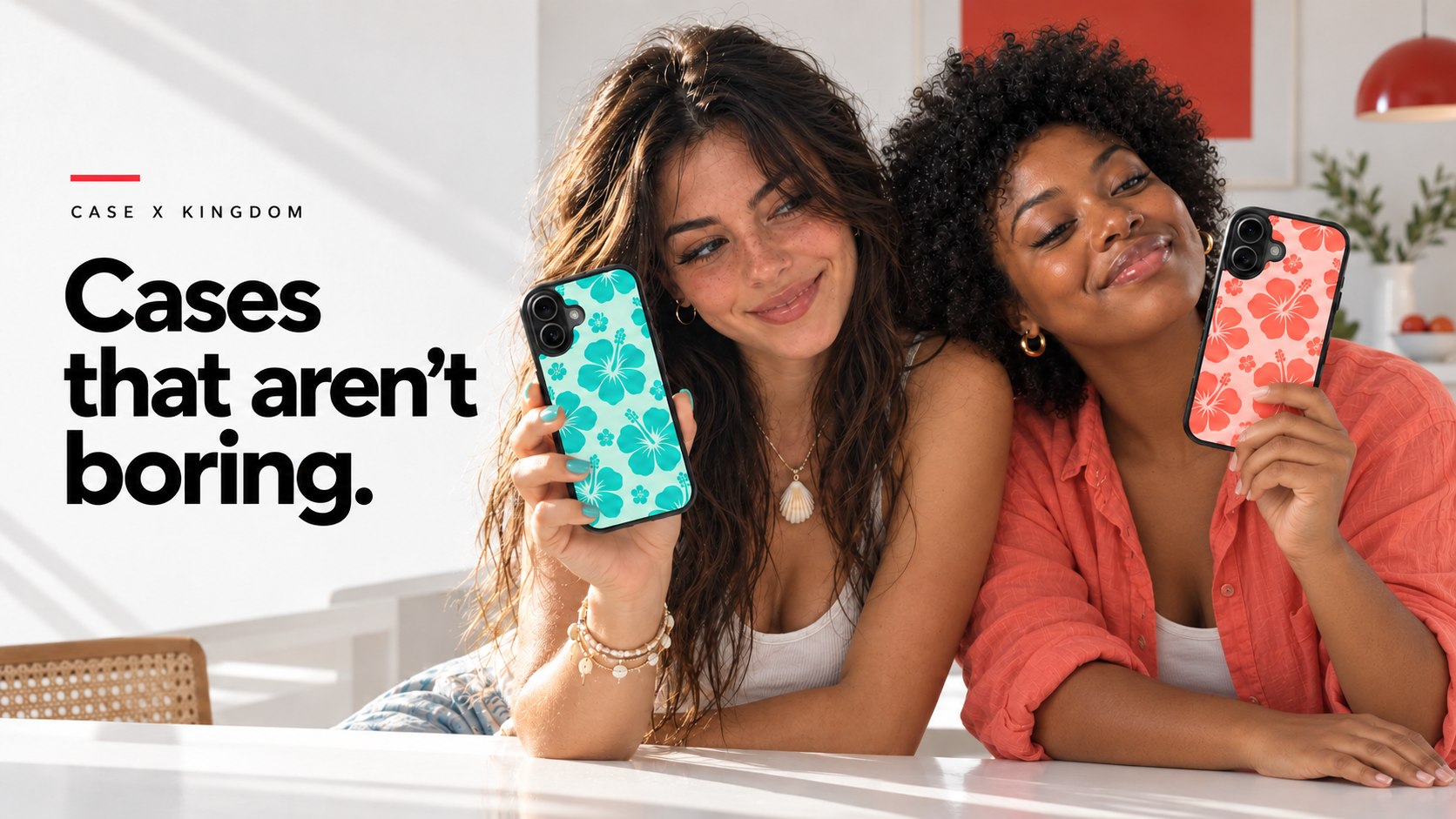 Two friends showing Lagoon and Coral hibiscus phone cases from Case X Kingdom. Cases that aren’t boring.