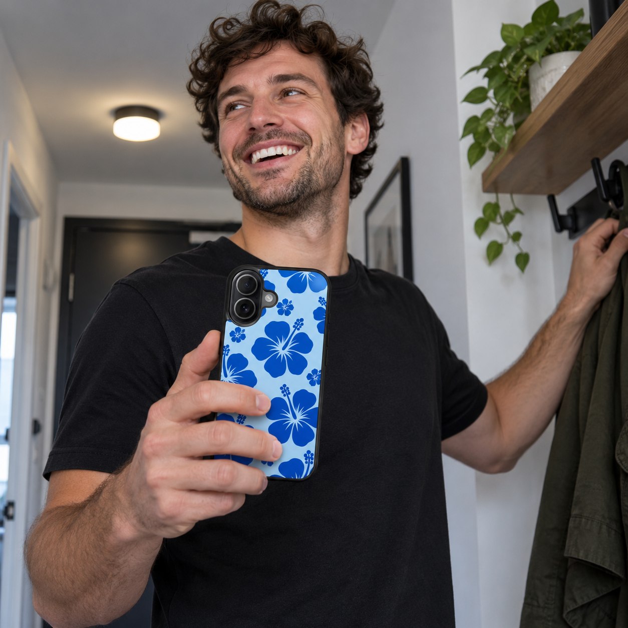 Island Pop Lux Clarity lifestyle concept 2 — hibiscus case in an everyday setting.