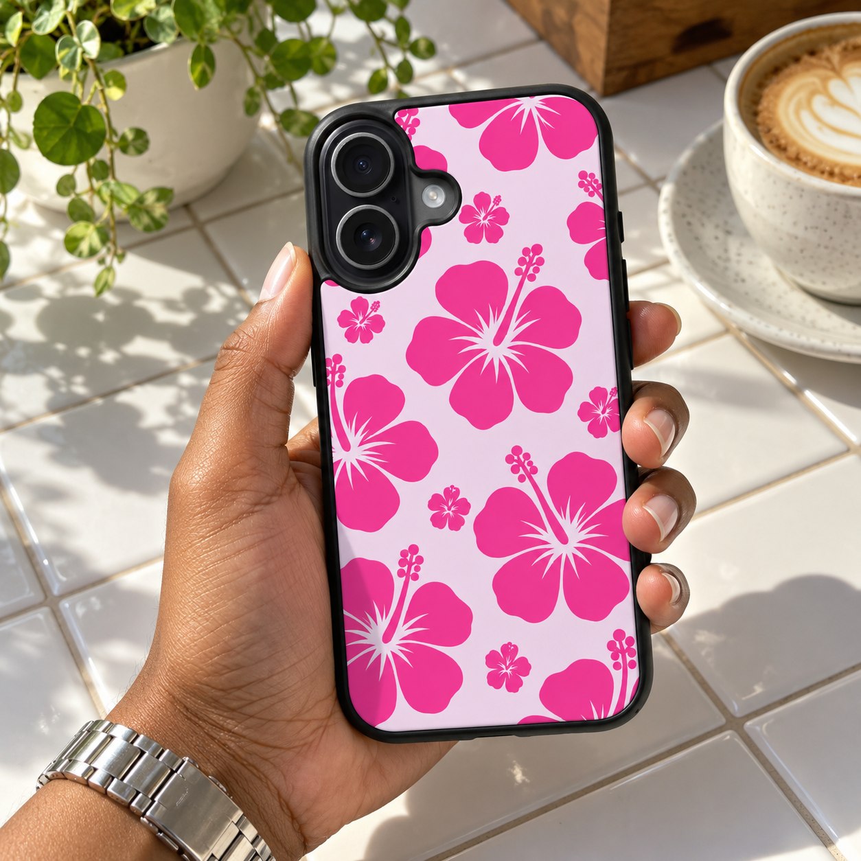 Island Pop Lux Clarity lifestyle concept 3 — hibiscus case in an everyday setting.