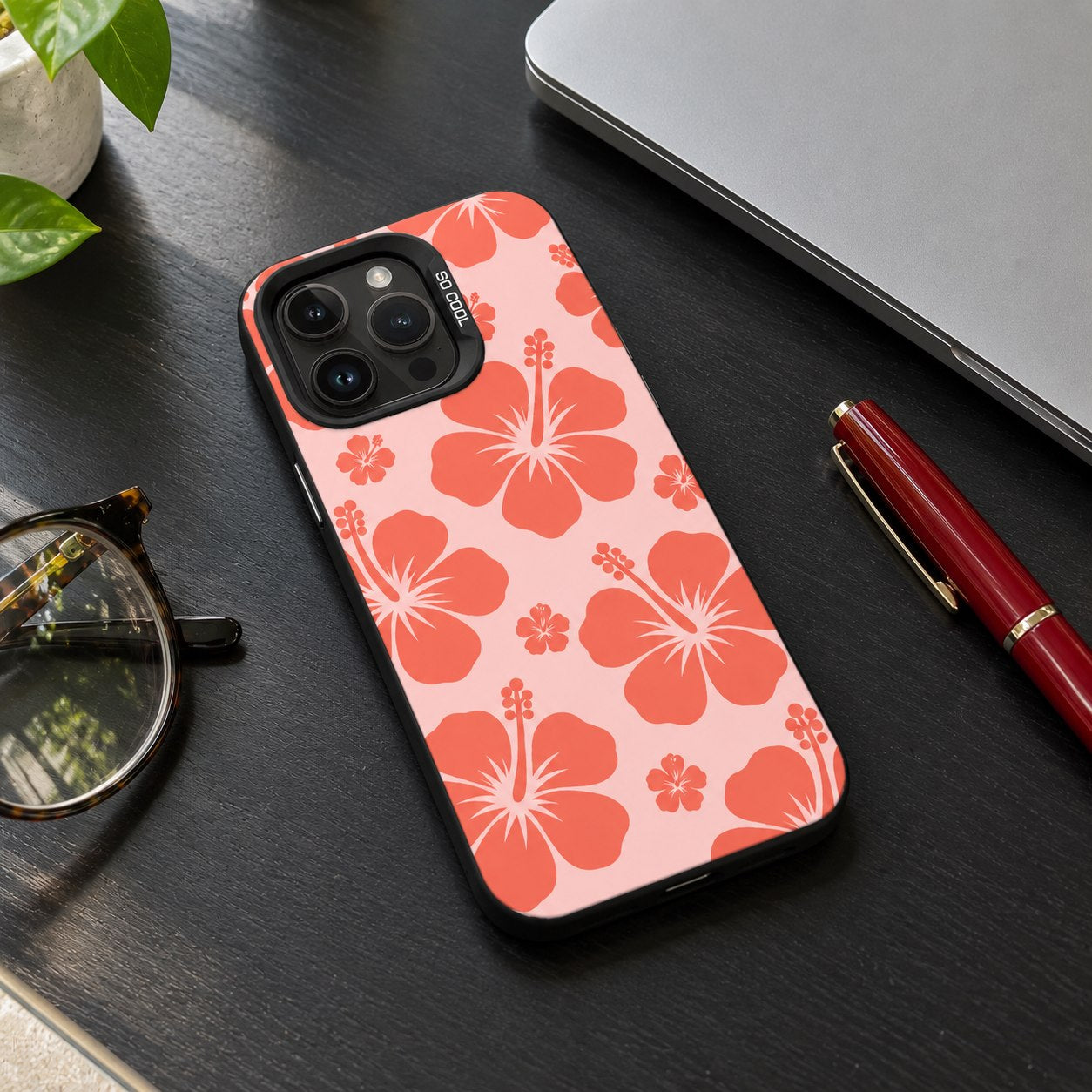 Island Pop Lux Cool lifestyle concept 4 — hibiscus case in an everyday setting.